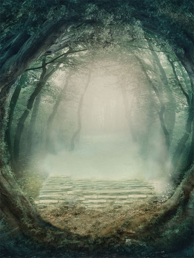 Mystical Forest Path Photography Backdrop - Mystical forest path photography backdrop with fog-covered stone pathway and natural tree arch, perfect for fantasy-themed photoshoots.