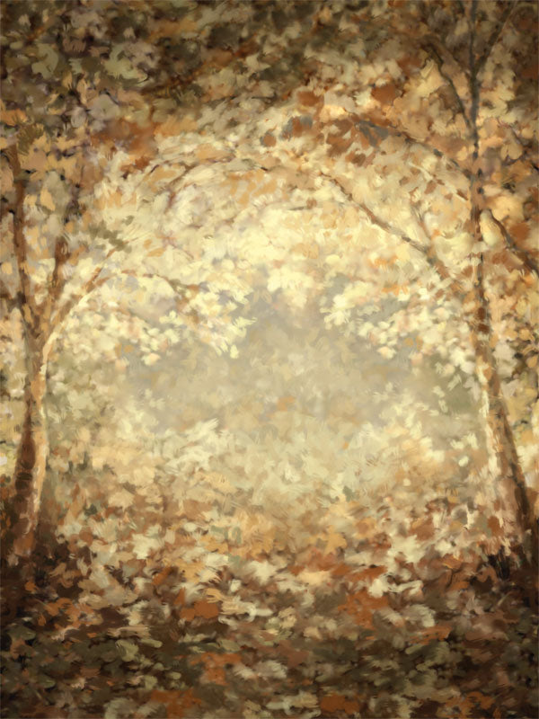 Nature-Inspired Autumn Forest Photography Backdrop - A photography backdrop featuring an autumn forest scene with golden-brown leaves and sunlight filtering through the trees.