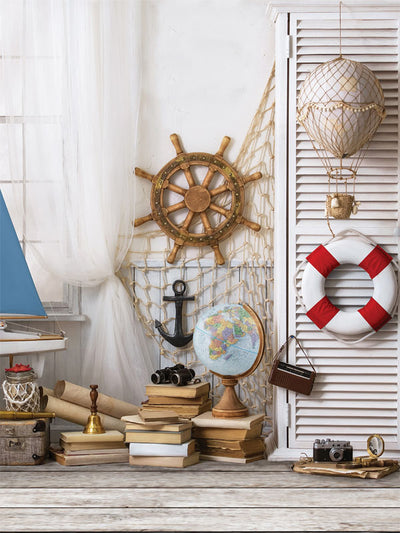 Nautical Adventure Photography Backdrop - Nautical-themed photography backdrop with a ship’s wheel, anchor, globe, and vintage decor for maritime-inspired photoshoots.