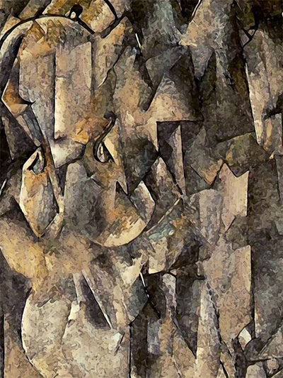 A cubist-inspired backdrop with overlapping neutral tones and textured abstract forms in camouflage hues.