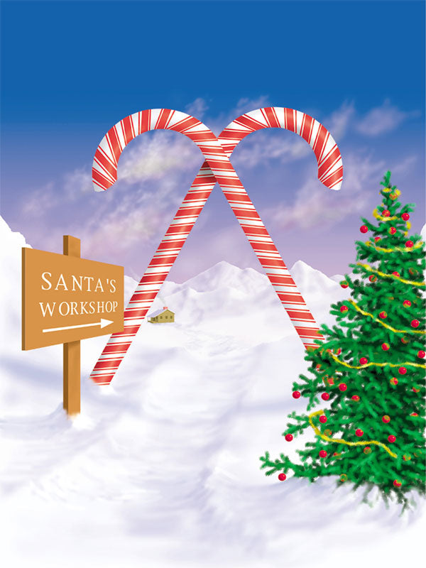 North Pole Christmas photography backdrop featuring candy cane decorations, a Santa’s Workshop sign, and a festive snowy scene.