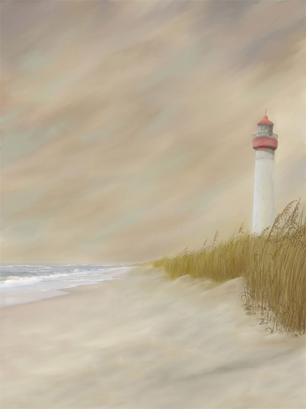 Soft beach photography backdrop with lighthouse and pastel sky tones.