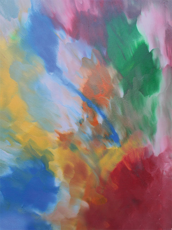 Painterly abstract blend of green, coral, blue, and yellow tones in soft brush motion.