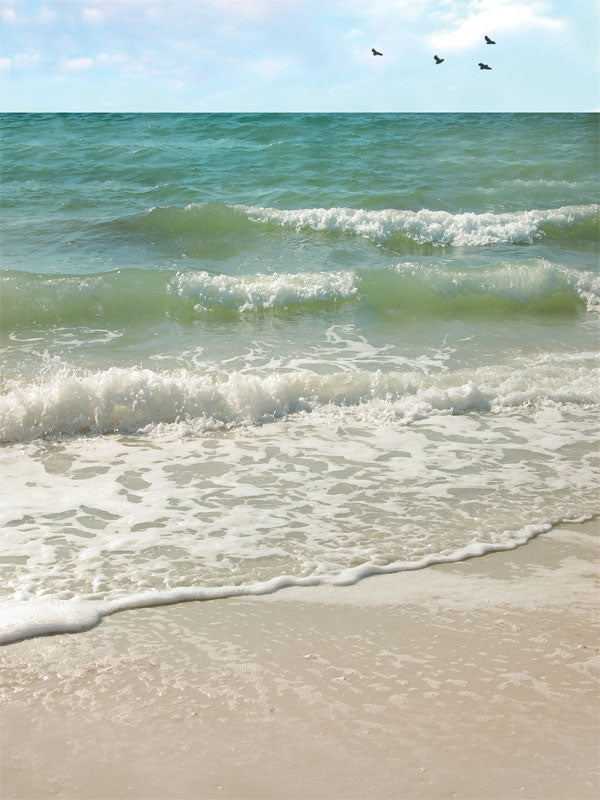 Bright beach scene with soft rolling surf, white sand, and a sunlit ocean under blue skies.