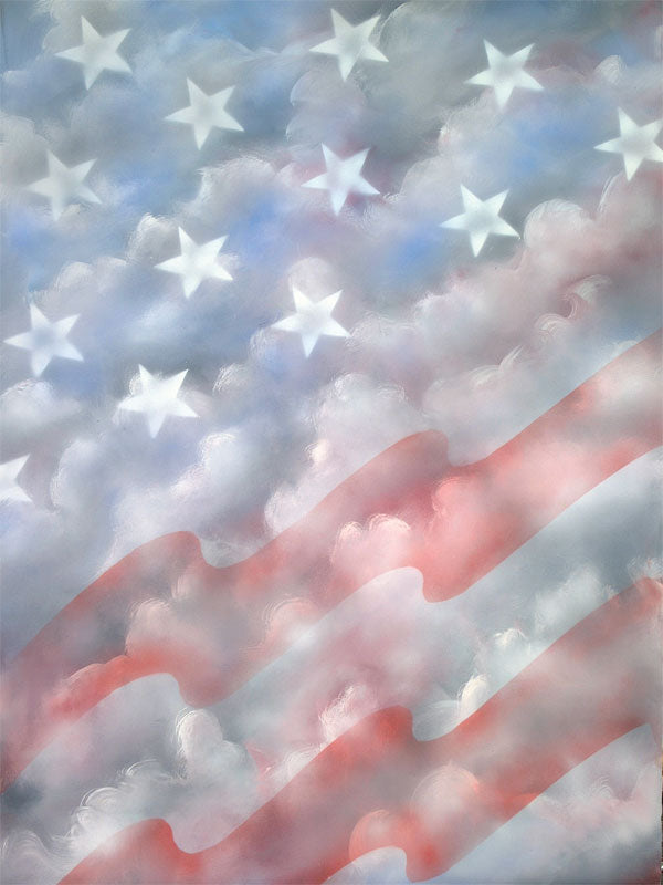 Artistic American flag backdrop with soft stars and flowing red stripes over a cloudlike background.