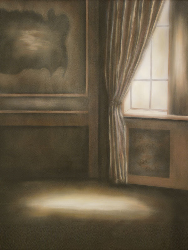Painterly backdrop with soft light through a curtained window in a classic Spanish-style room.
