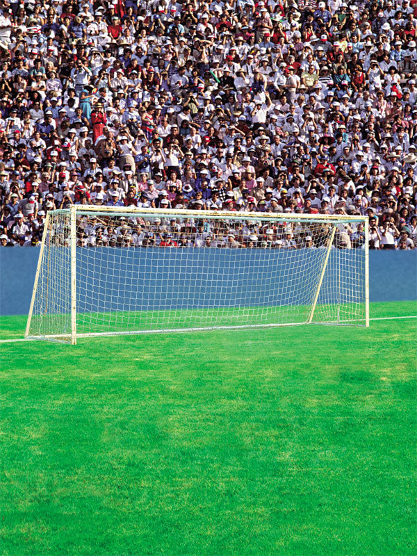 A soccer photography backdrop featuring a full stadium goal, bright green field, and cheering crowd, ideal for team portraits and sports photography.