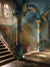Grand staircase with peeling paint and vintage lighting.