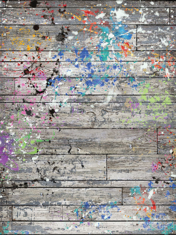 Rustic wooden photography backdrop with multicolored paint splatters, perfect for professional and creative photoshoots.