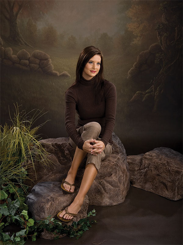 Softly lit hand-painted looking backdrop with a countryside stone wall and warm tones.
