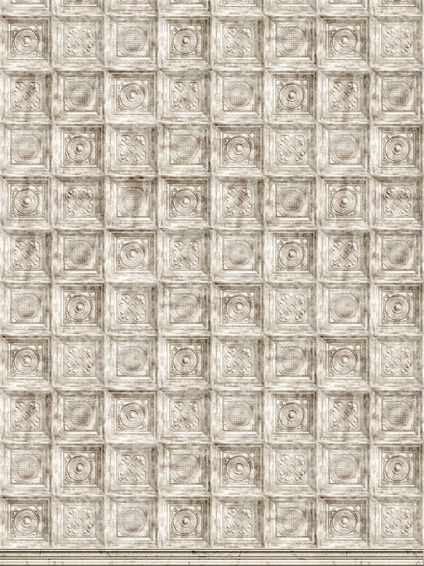 A pale, vintage-inspired photography backdrop featuring an intricate Victorian tin tile pattern, ideal for creating a classic and timeless setting.