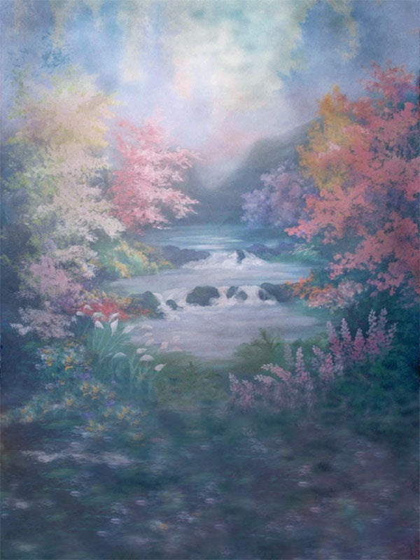A dreamy photography backdrop featuring a flowing brook surrounded by pastel-toned foliage, ideal for fine art and portrait photography.