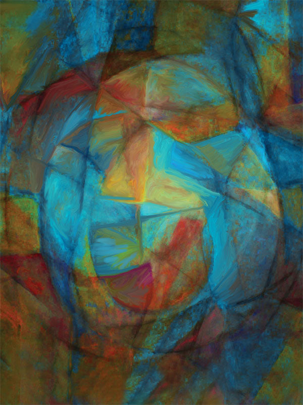 Abstract layered backdrop with soft teal, golden yellow, and warm rust tones.