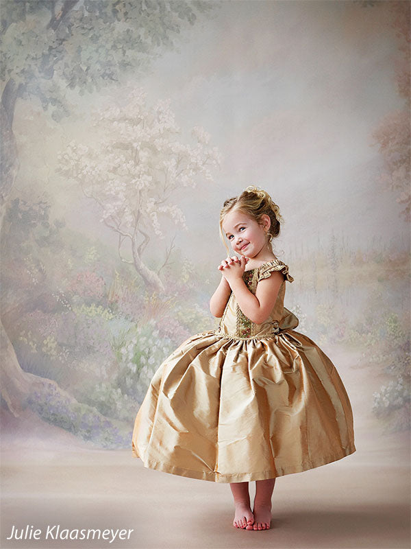 Light-toned floral garden with dreamy tree canopy and open meadow path.