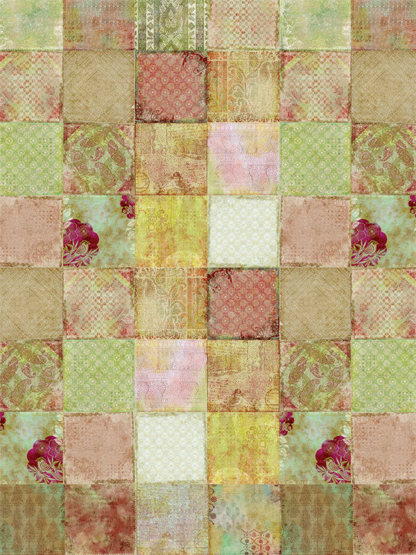 Patchwork Rustic Vintage Photography Backdrop - Rustic vintage patchwork photography backdrop featuring earthy greens, reds, and browns, ideal for portraits and product photography.