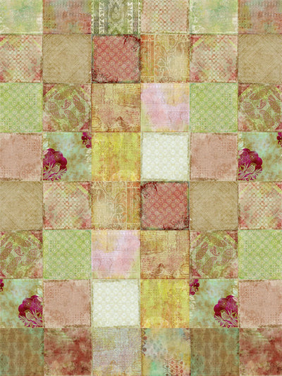 Patchwork Rustic Vintage Photography Backdrop - Rustic vintage patchwork photography backdrop featuring earthy greens, reds, and browns, ideal for portraits and product photography.