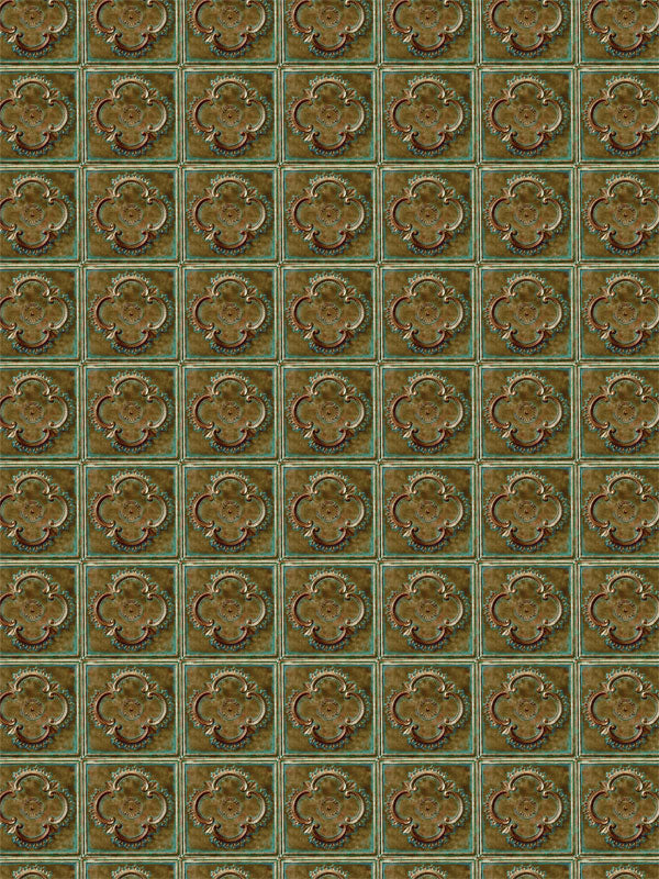 Backdrop featuring distressed copper tiles with greenish patina highlights.