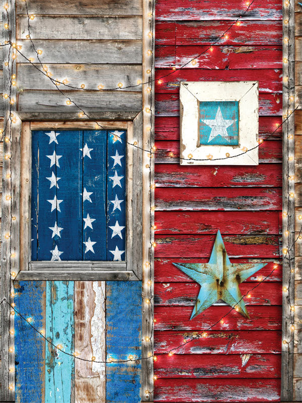 Patriotic Americana Photography Backdrop - A rustic, patriotic photography backdrop featuring weathered wood panels, an American flag, and vintage stars, decorated with string lights.