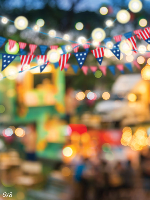 Patriotic Outdoor Festive Lights Backdrop - Photography backdrop featuring patriotic string lights and American flags for event and festive photoshoots.