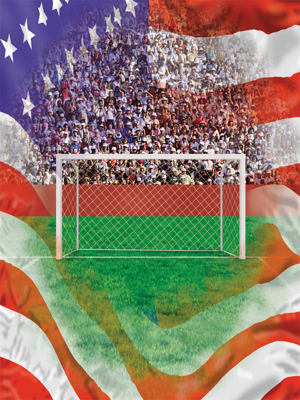 Soccer goal on green field with stadium crowd and American flag overlay.
