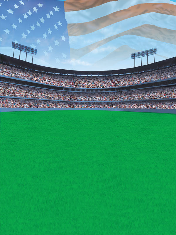 Full stadium scene with green turf and American flag in the sky.
