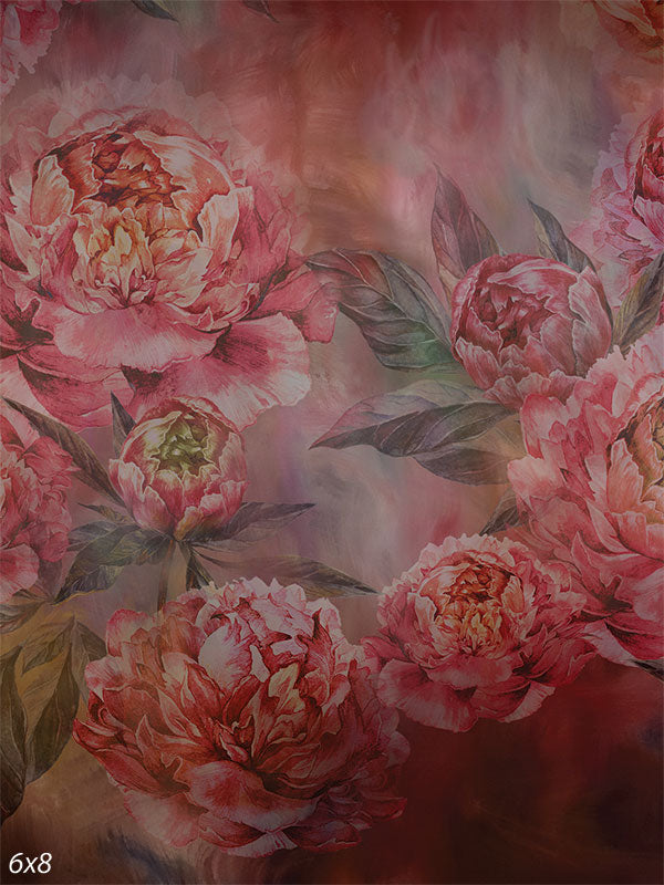 Peony Bliss Floral Photography Backdrop - Floral peony photography backdrop in pink, red, and blush tones, ideal for romantic photoshoots.