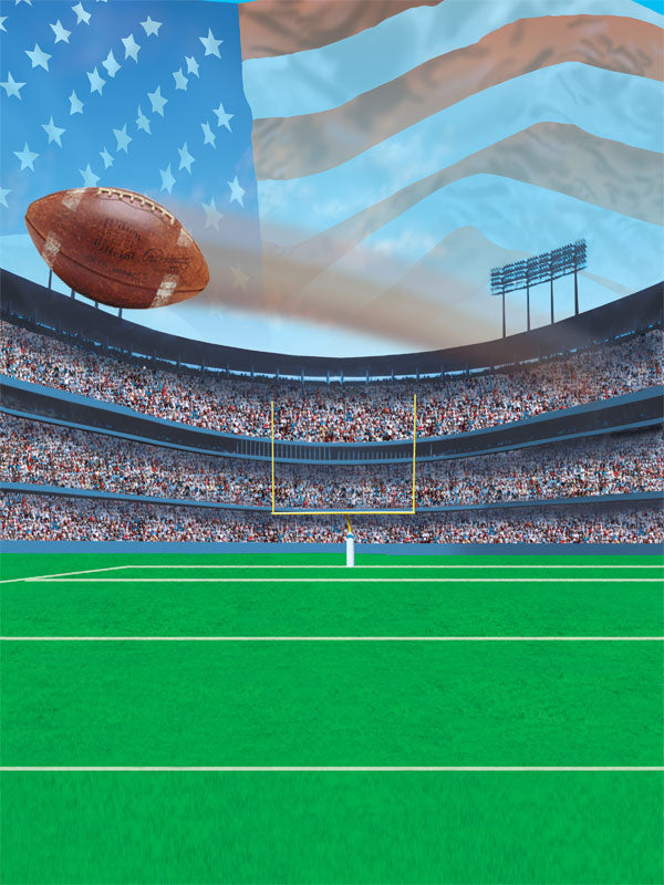 A high-energy football photography backdrop featuring a stadium, goalposts, and a soaring football.