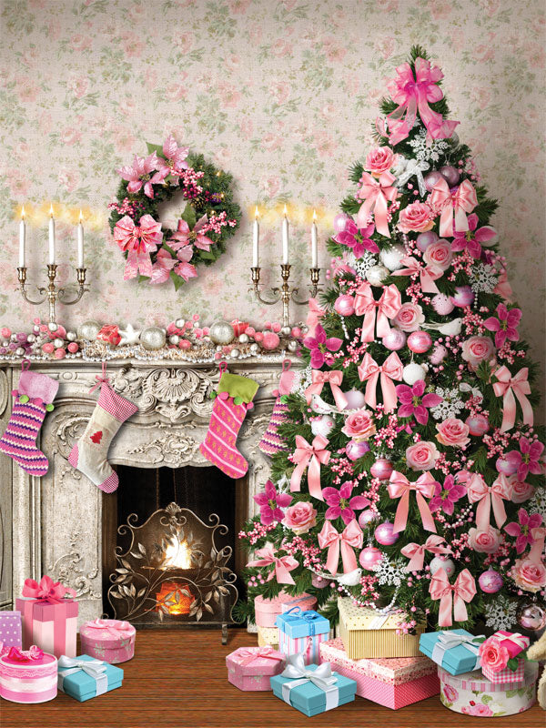 Pink Christmas Wonderland Photography Backdrop - Pink Christmas Wonderland photography backdrop featuring a beautifully decorated tree, fireplace, and stockings for holiday-themed photoshoots.