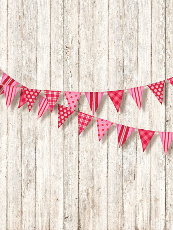 Pink Party Bunting and Wooden Wall Photography Backdrop - Festive pink and red bunting strung across a rustic whitewashed wooden plank backdrop, perfect for party-themed photoshoots.