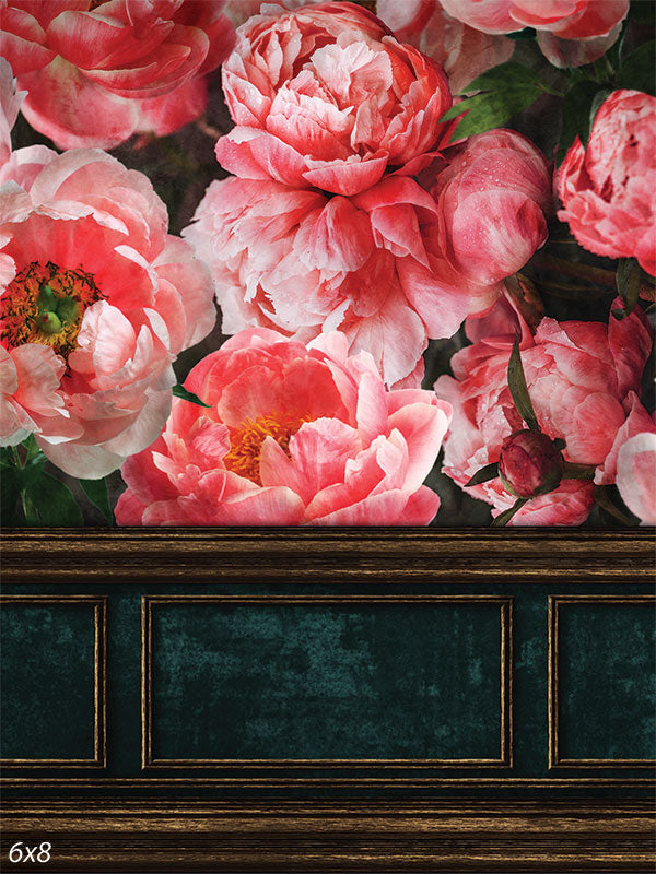 Pink Peony Dream Photography Backdrop - Pink peony photography backdrop with dark green wood paneling for elegant photoshoots.