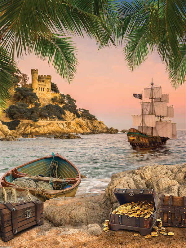 Pirate Adventure Photography Backdrop - Pirate adventure photography backdrop featuring a treasure chest, boat, island fortress, and pirate ship at sunset.