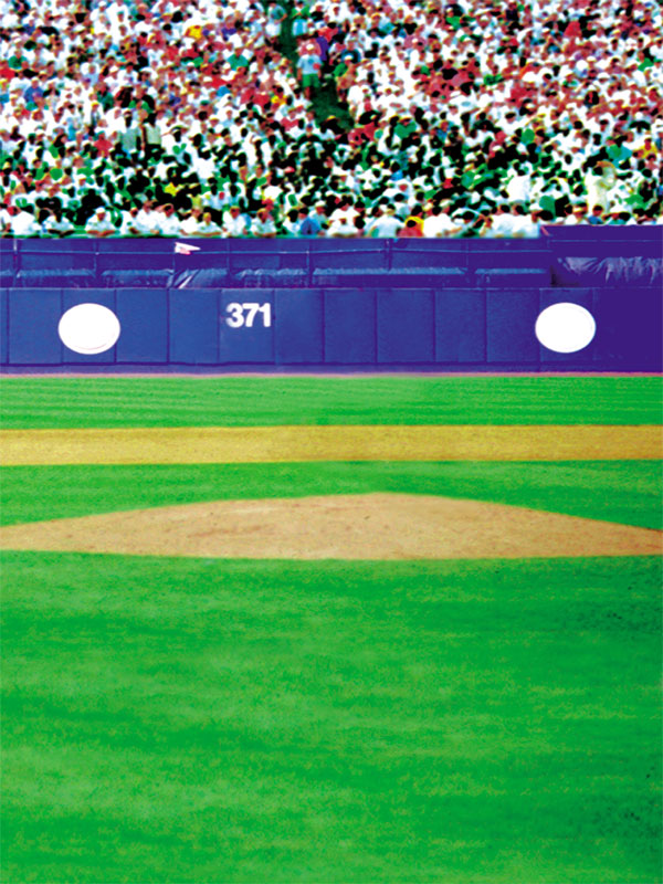 Pitcher's mound baseball photography backdrop featuring a vibrant green field and packed stadium crowd for dynamic portraits.