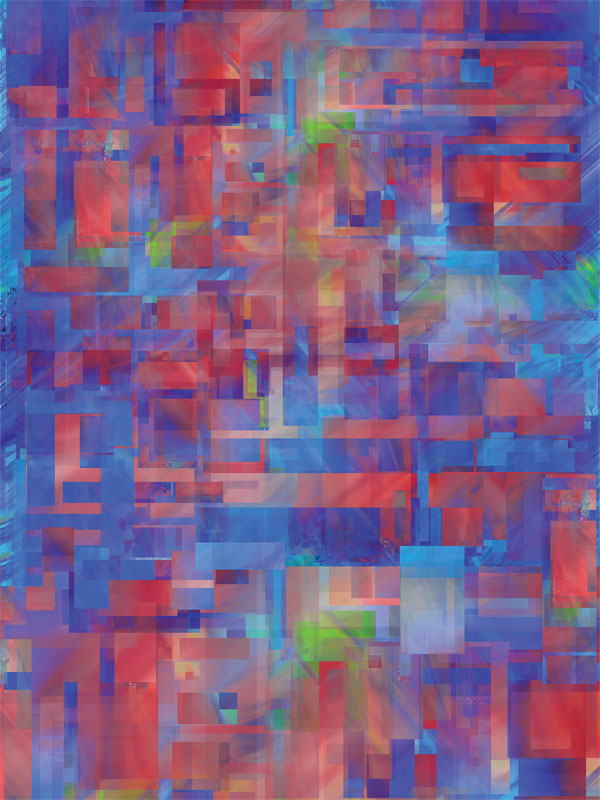 Abstract layered grid of bold red, blue, and green rectangles creating a digital plaid pattern.