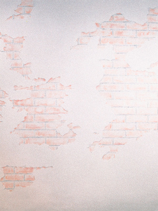 Distressed plaster with scattered red brick patches for a soft urban texture and vintage wall effect.