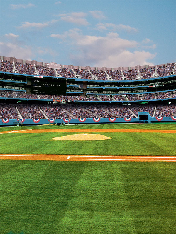 A high-energy baseball photography backdrop featuring a stadium packed with fans, a bright green field, and a game-day atmosphere, perfect for sports portraits.
