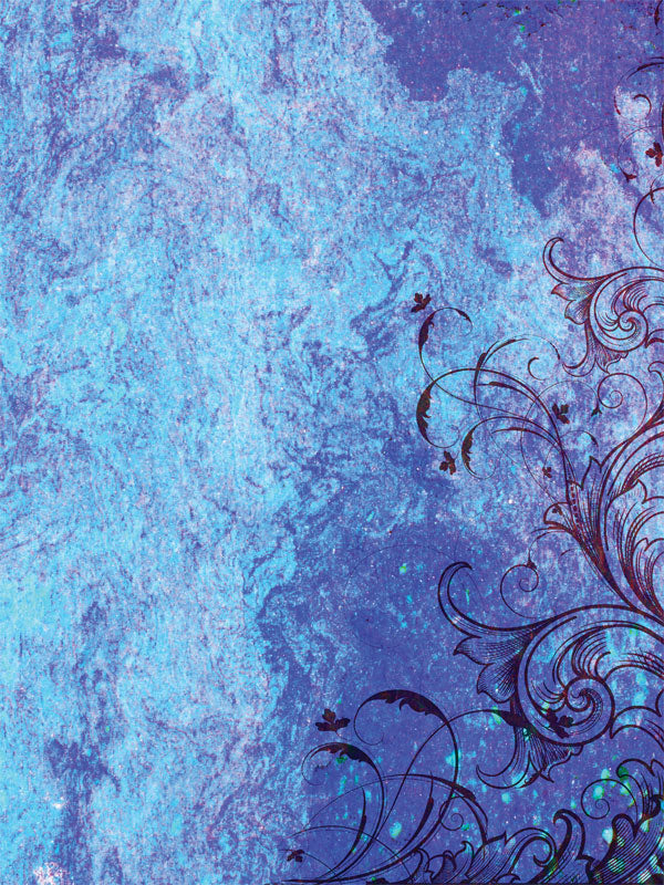 Blue textured backdrop with swirling purple floral design on the side.