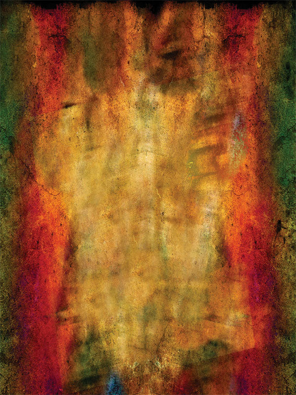 A warm central golden glow framed by rich textured reds and greens.