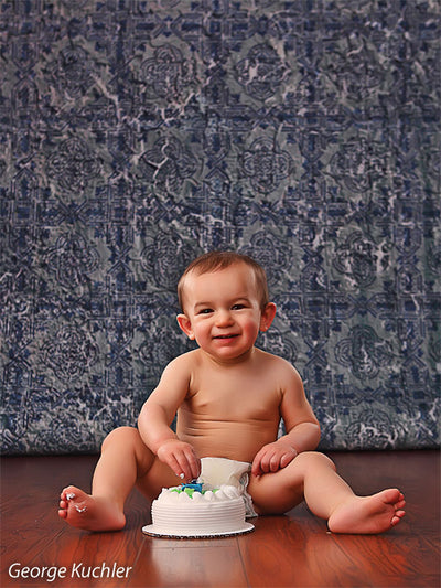 Blue Portuguese tile photography backdrop with vintage distressed pattern.