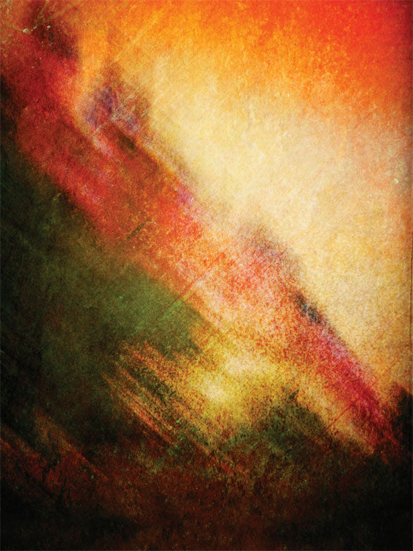 Vivid abstract strokes of red and orange sweep across a moody green background.