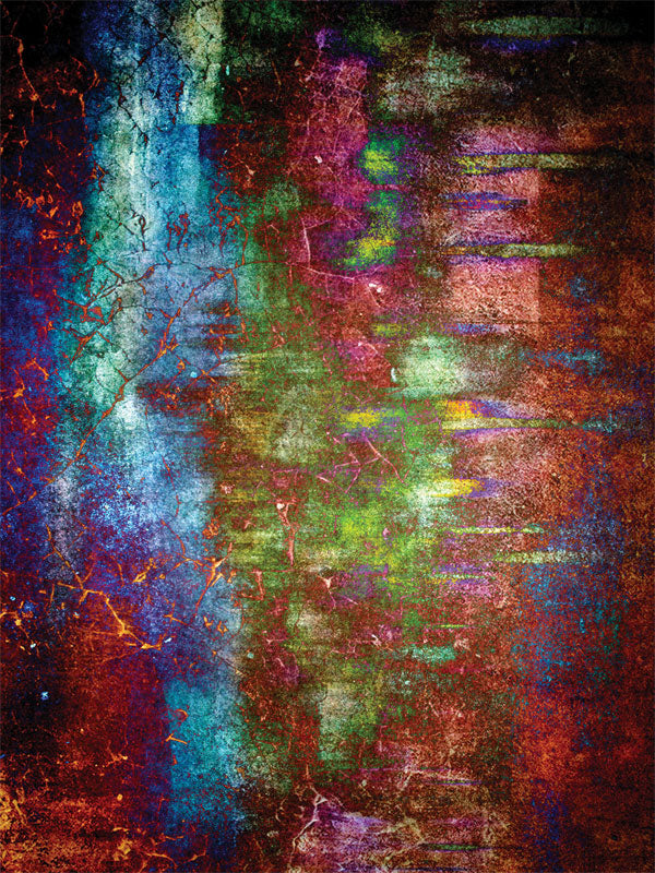 Multicolor grunge-style backdrop with cracked textures and rich hues of green, blue, and rust.