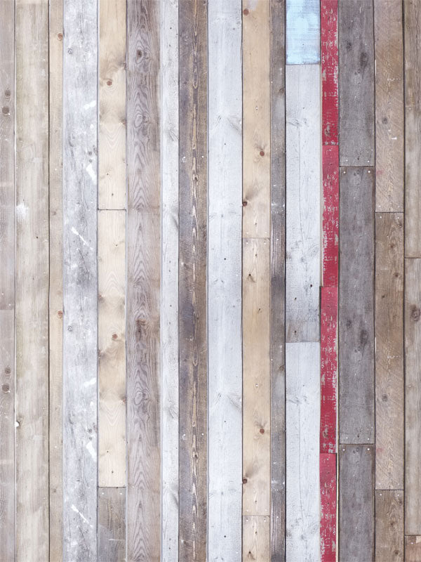 Reclaimed Wood Planks Photography Backdrop - Rustic reclaimed wood photography backdrop with brown, gray, and white planks, ideal for rustic-themed photoshoots.