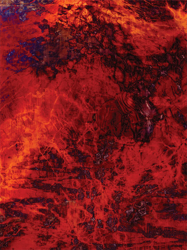 Bold crimson backdrop with layered textures and intense abstract patterns.