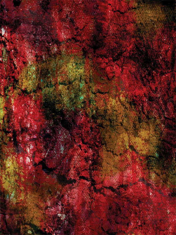 A rich abstract backdrop with bold red tones and cracked stone patterns.