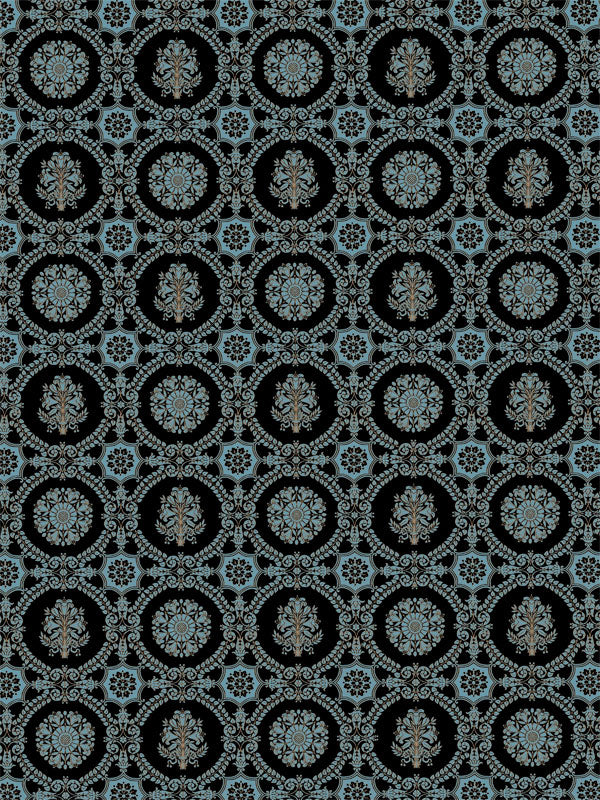 Repeating vintage medallion pattern in blue and gold on black background.