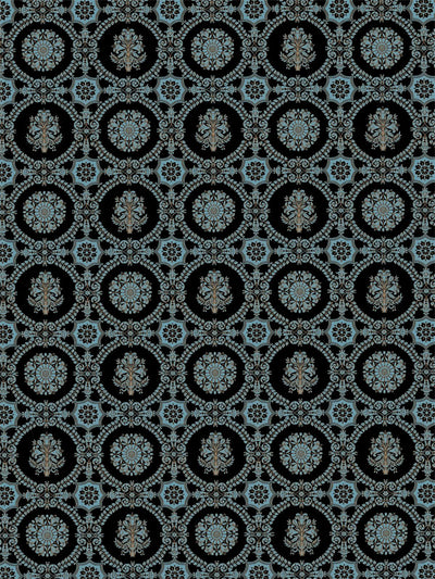 Repeating vintage medallion pattern in blue and gold on black background.