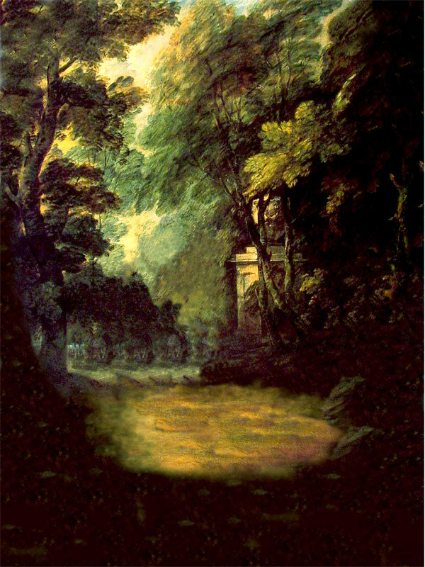 An enchanting courtyard scene surrounded by tall trees, golden light, and classical stonework details.