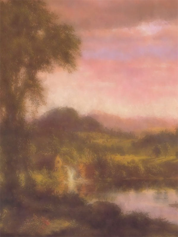 A painterly pink sunrise above a hillside with a small cottage and stream.