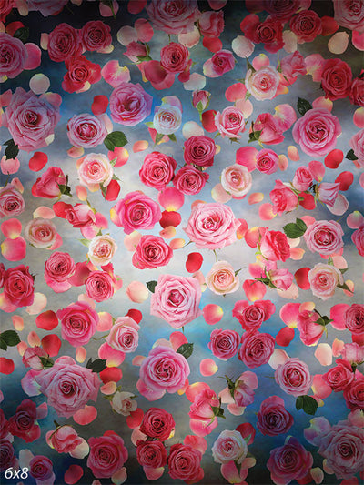 Rose Garden Bliss Photography Backdrop - A photography backdrop featuring a garden of pink roses in full bloom with scattered petals on a dreamy background.