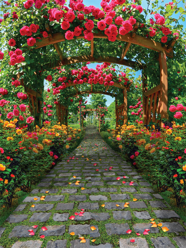 Rose Garden Pathway Photography Backdrop - Romantic rose garden pathway photography backdrop featuring a cobblestone path, vibrant roses, and arching wooden trellises with lush greenery.