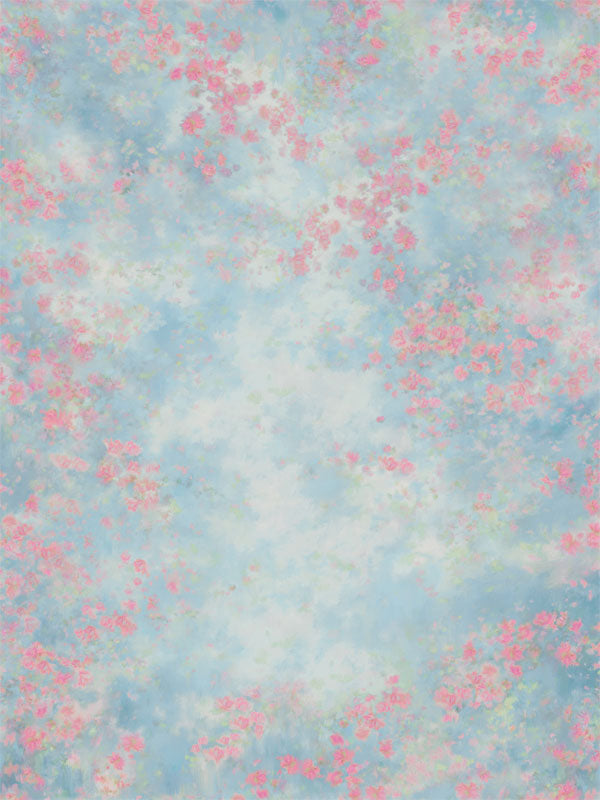 Pastel blue and pink floral photography backdrop with a soft sky-inspired texture, ideal for creating a dreamy, romantic atmosphere in portraits.